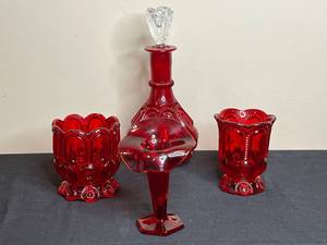 lot 277 image: Vintage Ruby Red Pressed Glass Lot - Decanter, Vase, Compote, Candle Holder