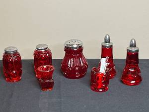 lot 278 image: Lot of Red Glass Salt and Pepper Shakers and Accessories