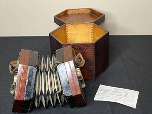 lot 293 image: Vintage Concertina with Wooden Storage Case