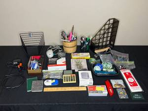 lot 295 image: Assorted Office Supplies Lot with Rolling Ruler, Desk Organizers, and More