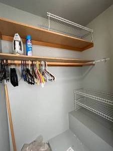 lot 310 image: Closet Organization Lot with Shelves, Hangers, Iron, and Sizing Spray