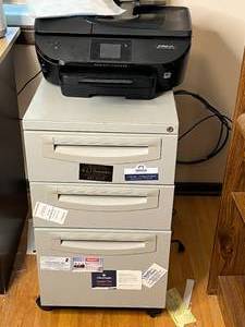 lot 316 image: HP OfficeJet 5745 Printer (untested) with 3-Drawer Metal Filing Cabinet