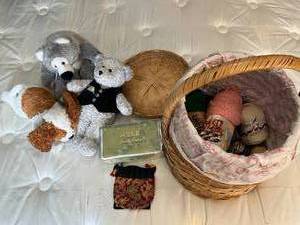 lot 352A image: Basket with Assorted Yarn, Stuffed Animals, and Accessories