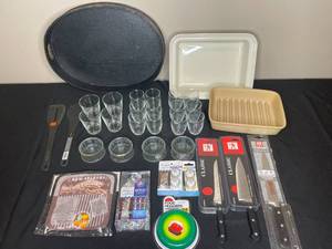 lot 289 image: Lot of Various Kitchen Items Including Henckels Knives, Glassware, and Baking Trays