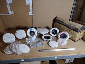 lot 142 image: Speakers & Parts EV EVID C4.2, Atlas Sound FAP40T,  QSC AC-C4T-NB, QSC AC-C8T-nb, C-Rings, rails, speaker grill assy