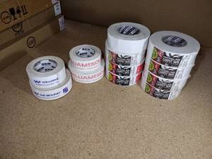 lot 150 image: (8) Tape Plus Professional Carpet tape (4) Cloth-based warning tape, 2 W  Roll. White cloth with red lettering or blue lettering