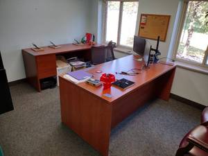 lot 24A image: 2 Desks, black mesh office chair, floor protector