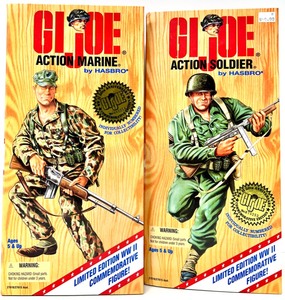 lot 232 image: Vintage HASBRO WWII 50Th Anniversary Limited Edition G.I. Joe Action Marine & Action Soldier  Commemorative Action Figures