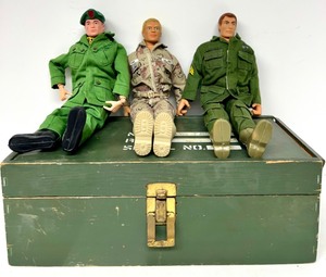 lot 244 image: Vintage GI Joe Figures - QTY 3 & Wooden Box