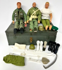 lot 245 image: Vintage GI Joe Figures - QTY 3 & Wooden Box