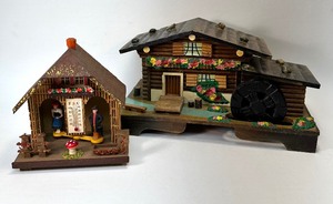 lot 129 image: VINTAGE HAND CRAFTED WOODEN Mill Cottage Music Box and German Weather House
