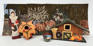 lot 143 image: AUTUMN Harvest Bundle including Carved WOODEN Pilgrim Figure, Barn, Bountiful Scene NEEDLEPOINT Runner and More