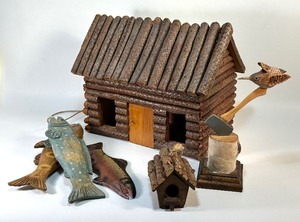 lot 145 image: Hand Crafted WOODEN Bundle including Model Log Cabin and Painted Fish