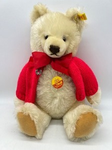 lot 193 image: STEIFF Mohair Jointed Teddy Bear - Germany - 020341 - with Original Paper Tags - Red Bow