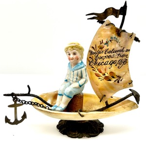 lot 265 image: Vintage 1893 CHICAGO Worlds Columbia Exposition Handmade Shell Ship with Anchor Souvenir Bisque Figurine