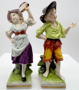 lot 267 image: Vintage JOHN ERNST BOHNE German Handcrafted & Molded Porcelain Figures - LADY TAMBOURINE MUSIC & BEGGAR GYPSY BOY