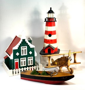 lot 246 image: Handmade WOODEN Figures House, Plane, Boat and Lighthouse