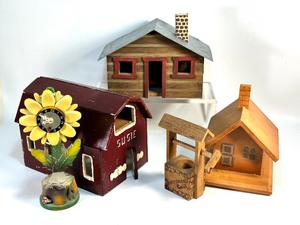lot 247 image: Assorted Handcrafted WOODEN Houses and Well, VINTAGE Plastic LINDEN - GERMAN Sunflower Clock