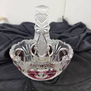 lot 77 image: Vintage Hofbauer Crystal Pieces Footed Candy Dish And Basket Hearts And Roses