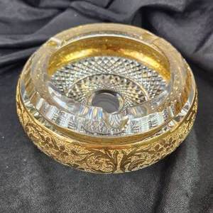 lot 81 image: Lot Of Two Vintage Ash Trays One With Gold Gilt Etching Cut Crystal Heavy