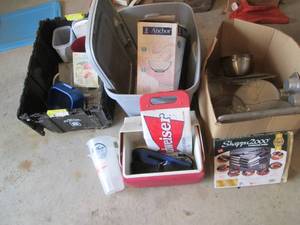 lot 65 image: 3pc box and storage tote lot contai...