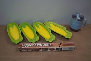 lot 135 image: Corn on the Cob Dishes with Travel Mug and Copper Grill Mat