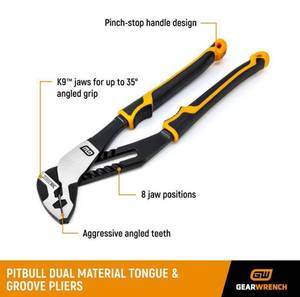 lot 39 image: GEARWRENCH 12 in. PITBULL K9 Straight Jaw Dual Material Grip Tongue and Groove Pliers (0803248)