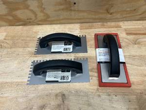 lot 126 image: Red Rubber Float with a lot of 2- 14 in. x 38 in. SQ-Notch Trowels