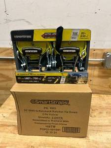 lot 129 image: SMARTSTRAPS Case of 3 Packs of- Commercial-Grade RatchetX J-Hook Tie-Downs, 14ft. x 1 12in., 2 Per Pack, 5,000-Lb. Breaking Strength