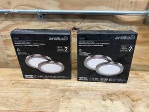 lot 131 image: ARTIKA Lot of 2 Packs of- Lumo 8 in. 1-Light Modern Brushed Nickel Integrated LED Flush Mount Ceiling Light Fixtures for Kitchen or Bedroom (2 lights per pack)