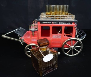 VINTAGE METAL STAGE COACH WITH DECANER WITH SHOT GLASSES