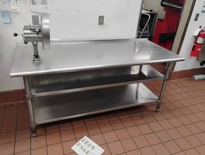 lot 20 image: STAINLESS STEEL WORK TABLE WITH NEMCO SLICER