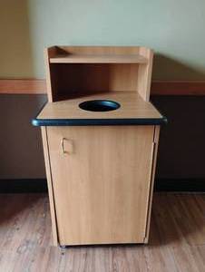 lot 2 image: PLYWOLD TRASH RECEPTACLE WITH TRAY SHELF