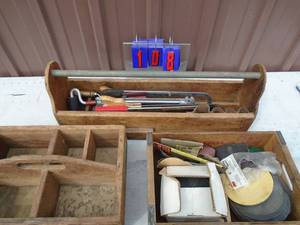 Pepsi crate & wood tool box with saws. As shown.