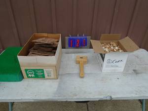 Wood mallet, walnut veneer & cork squares. As shown.