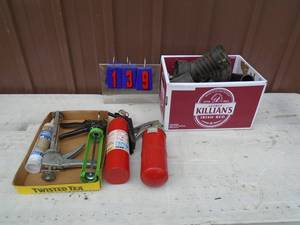 Misc flat of fire extinguishers & caulk guns. As shown.