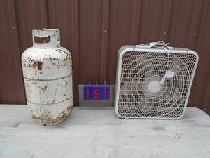 Old propane tank & fan. As shown.