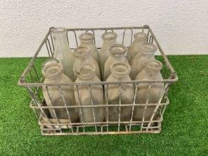 lot 136 image: Metal Dairy Tote & Glass Milk Bottles