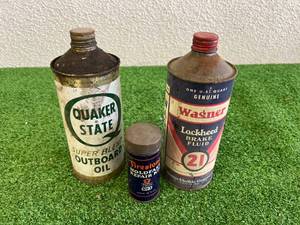 lot 243 image: Vintage Cans - Wagner Lockheed Brake Fluid, Quaker State Outboard Oil & Firestone Repair Kit