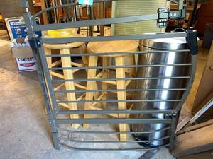 lot 56 image: Two Wood Stools, Metal Garbage Can, Metal Gate, Tow Strap