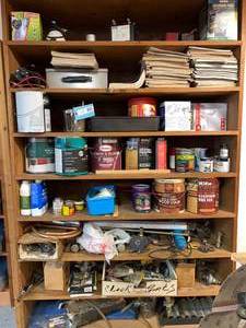 lot 69 image: Wood Shelf Containing Various Shop Items