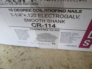 lot 145 image: B&C Eagle 15 Degree Coil Roofing Nails 1-14 x .120 Electro-Galvanized Smooth Shank CR-114