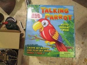 lot 166 image: Lot of Wooden Duck and Turkey Figures, Talking Parrot Toy, Musical Instrument