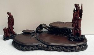 lot 25 image: Vintage Asian Three Tiered Wooden Stand and Two Wooden Carved Figurines
