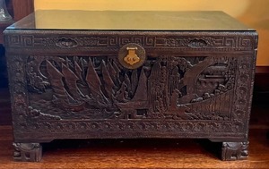 lot 27 image: Vintage Chinese Camphor Wooden Trunk  Vintage Heavily Ornate Carved Chinese Trunk