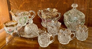 lot 37 image: Antique Northwood Cherry and Cable Spoon Holder, Antique Rayed Flower Indiana Crystal Glass Splendor Creamer and More