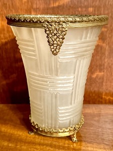 lot 51 image: Vintage French Filagree Ormolu Satin Glass Footed Vase