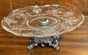 lot 112 image: Antique Silver Plate and Etched Glass Pedestal Dish
