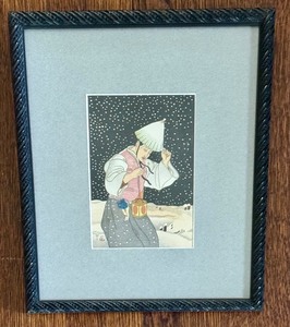 lot 127 image: Vintage Framed Paul Jacouletet Japanese Woodblock Print, Ukiyo-e Snow Starry Sky  Paul Jacoulet Snowy Night, Korea
