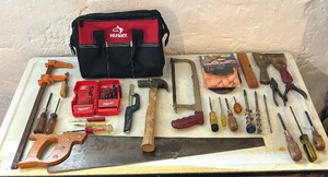 lot 372 image: Husky Tool Bag, Saw, Milwaukee Drill Bits, Hammer, Screwdrivers and More